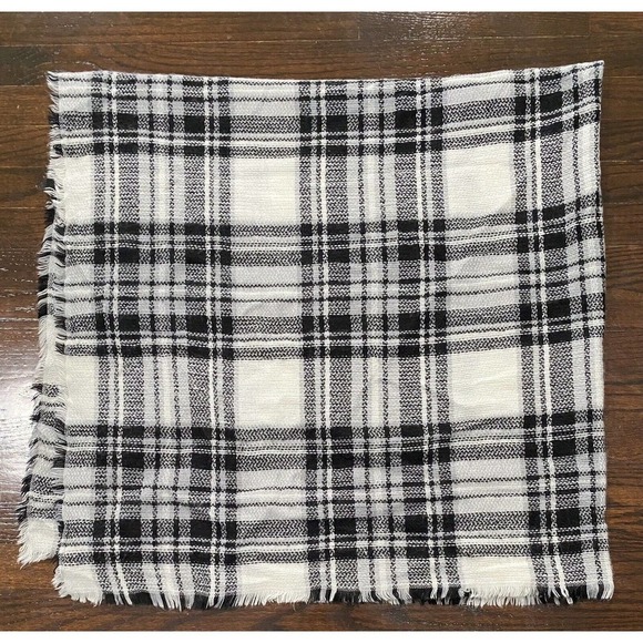 Modcloth Blanket Scarf Black & White Plaid Check Fringe Trim 56" X 56" - Picture 3 of 6